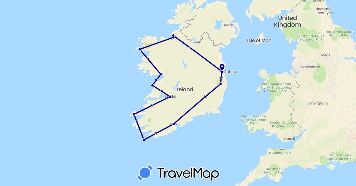 TravelMap itinerary: driving in Ireland (Europe)
